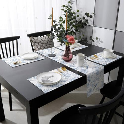 Table Runner and Placemats Set of 4 Blue Flower Decorative Dining Table Runner with Matching Placemats Tree Branch Birds Table Decor for Kitchen Dining Room and Everyday Use 13x70in - size: 13"x70"+4pcs