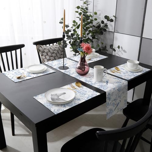 Table Runner and Placemats Set of 6 Blue Flower Decorative Dining Table Runner with Matching Placemats Tree Branch Birds Table Decor for Kitchen Dining Room and Everyday Use 13x70in - size: 13"x70"+6pcs