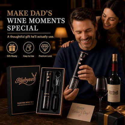 BLUBYEES 4-in-1 Electric Wine Opener Set – Rechargeable Automatic Corkscrew, Foil Cutter, Aerator & Vacuum Stopper, Wine Accessories Gift Set for Dad, Father’s Day Gifts for Men, Husband, Wine Lovers | Foil Cutter, Aerator Pourer, Vacuum Stopper, Automati