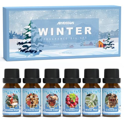 ARVIDSSON Winter Essential Oils Set, Holiday Fragrance Oil for Diffuser， Candle Making - Cinnamon, Christmas Wreath, Apple Cider, Gingerbread, Cranberry, Winter Mint Scented Oils for Home - color: Blue