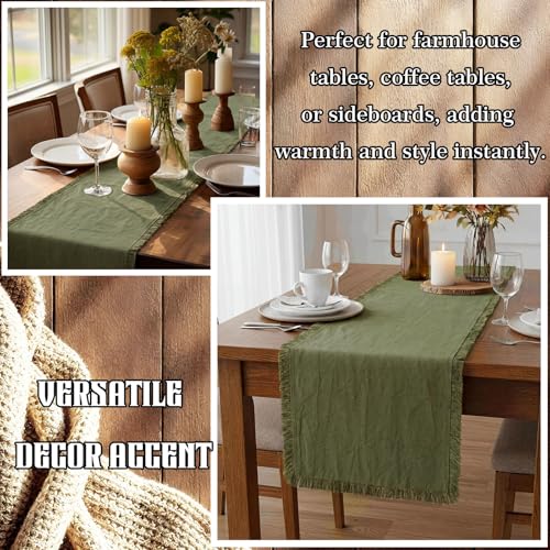 Chumia Olive Green Boho Table Runner with Tassels 12x72 Inches Farmhouse Small Macrame Woven Cotton Rustic Coffee Dresser Table Runner for Living Room Home Dining Kitchen Centerpiece Bohemian Decor