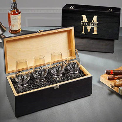 Personalized Glencairn Whiskey Glass Gift Set of 4 with Engraved Whisky Tasting Glasses, Black Wooden Gift Box, Custom Scotch Bourbon Glasses for Men, Whiskey Lover Gifts - style: Black Box Set