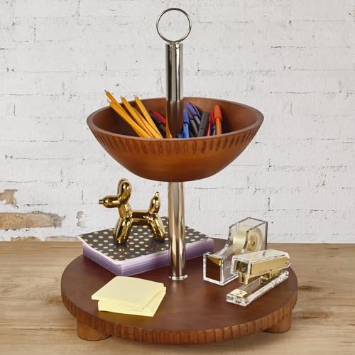 Gourmet Basics by Mikasa Hamden Mango Wood 2-Tier Serving Fruit Basket and Platter – Kitchen Countertop and Buffet Table Stand for Elegant Fruit Display