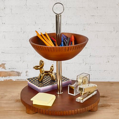 Gourmet Basics by Mikasa Hamden Mango Wood 2-Tier Serving Fruit Basket and Platter – Kitchen Countertop and Buffet Table Stand for Elegant Fruit Display