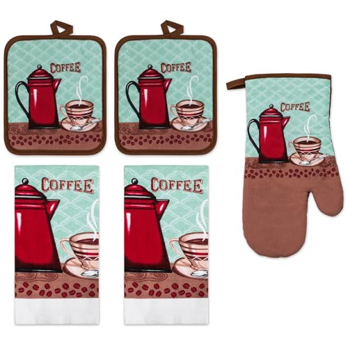 5 Piece Coffee Cup Printed Kitchen Linen Set, 2 Cotton Towels, 2 Potholders, 1 Oven Mitt with Hanging Loop, 100% Cotton Material on Front & Polyester Backing, Perfect Kitchen Accessory - color: Coffee Cup