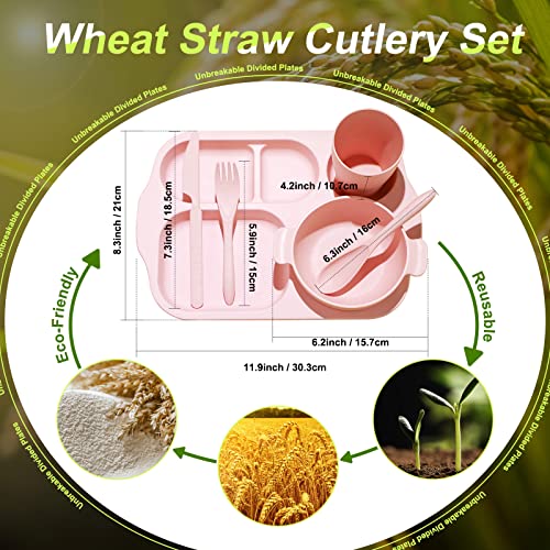 Honoson 24 Pcs Wheat Straw Dinnerware Cutlery Set, Service for 4, Unbreakable Plates and Bowls Set - Divided Plates, Bowls, Spoons, Forks & Knives, Microwave & Dishwasher Safe(Pink) - color: Pink