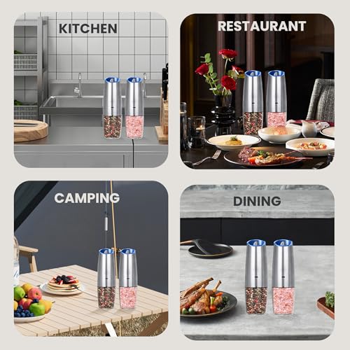 Rechargeable Gravity Salt Pepper Grinder Set, 2 Pack (Silver) | Gravity Rechargeable Grinder With Led Light & Adjustable Coarseness, No Extra Batteries Needed For Kitchen Seasoning - color: Rechargeable/2pcs/Silver