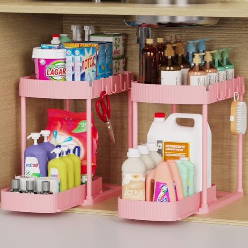 2 Packs Under Sink Pull-Out Storage Organizers, 14.8 Inches,Pink | Multi-Purpose Cabinet Organizers and Storage for Bathroom & Kitchen - color: Pink, size: 14.8 Inch