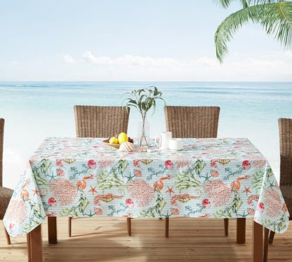 Newbridge Vinyl Rectangle Tablecloth with Flannel Backing, 60 x 120 Inch, Neponsit Sea Life, Waterproof, Soil Resistant Dining Room, Party Table Cover, Starfish, Seahorses and Coral, Blue - size: 120" x 60" (Rectangular)
