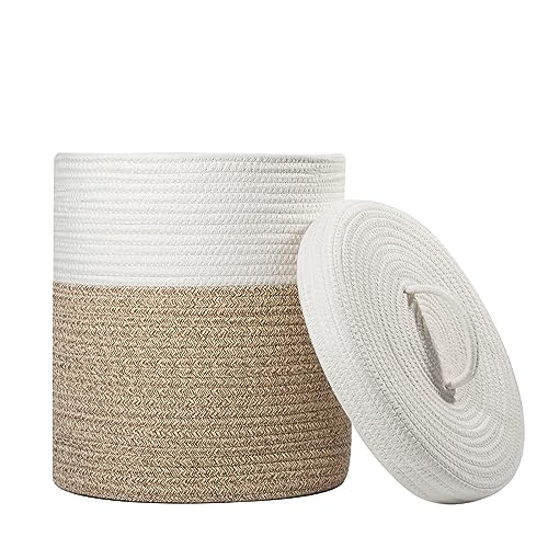 Yimi's Dream Lidded Storage Basket, Medium Brown & White Cotton Rope Basket | Small Round Woven Basket with Lid for Nursery, Baby Toy, Laundry, Yarn, Living Room, Blanket, Organization(11.5''D * 13.5''H) - color: 1 PACK-Brown&White-LIDDED
