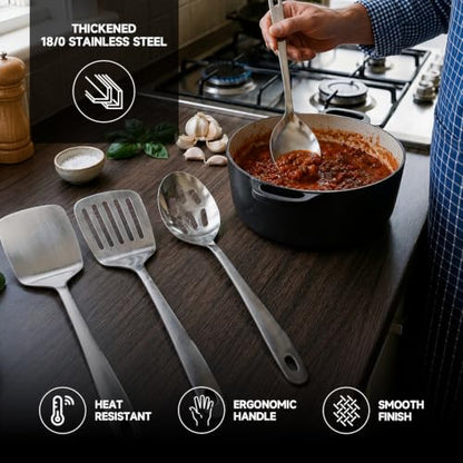 4PCS Stainless Steel Kitchen Cooking Utensils Spatula & Spoons Set | Solid & Slotted Turners, Serving & Slotted Spoons, Heat Resistant, For Flipping Fish, Eggs and Pancakes, Dishwasher Safe