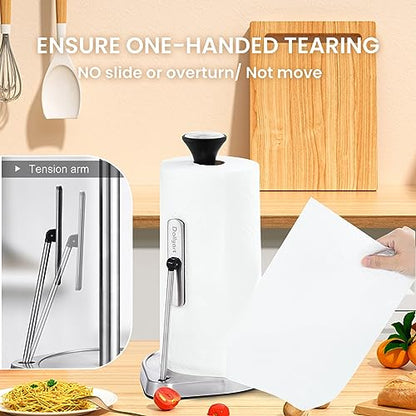 Dailyart Paper Towel Holder Stand for One Hand Tear with Tension Arm - color: Silver and Black