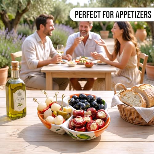 3-Compartment Ceramic Serving Dish, Handmade in Spain | 7.5” divided chip and dip bowl with lead-free glaze, microwave, oven and dishwasher safe, ideal for tapas, snacks and sauces - color: Orange Glow