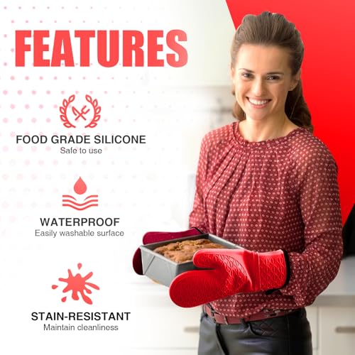 Silicone Oven Mitts, Heat Resistant 2PCS Oven Mitts with Soft Cotton Lining, Waterproof Non-Slip Grip Oven Glove, Kitchen Potholder Mits for BBQ, Baking, Cooking, 12.5 Inch - Red - color: Red