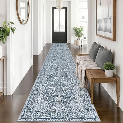 KUTA Vintage Washable Runner Rug 2.6x14 Hallway Kitchen Runners Blue White | Non-Slip, Non-Shedding, Low Pile, Easy Clean Distressed Flower Runners For Hall Bathroom Entryway Bedroom Laundry Foyer - color: Blue Floral, size: 2'7" x 14' (Runner)