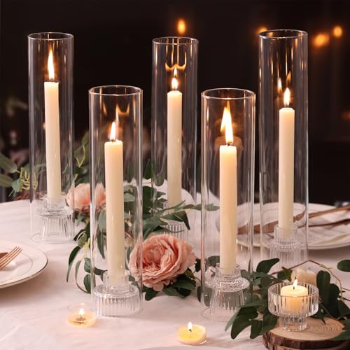 NITIME 9 Set Hurricane Glass Candle Holders for Taper Candles, Candlestick Holders with Windproof Glass Tubes(11.8"/12.6"/13.8" H), Taper Candle Holders for Table Centerpieces, Wedding, Party Decor - color: Clear, size: 11.8"/12.6"/13.8" H--9pcs+9pcs Cand