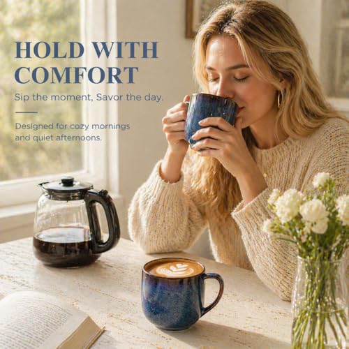 LERATIO Ceramic Coffee Mugs Set of 6,12oz Handmade Coffee Mugs Set | Large Handle for Cappuccino/Latte/Tea/Hot Cocoa,Oven &Dishwasher & Microwave Safe-Blue - color: reactive glaze-4