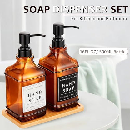 Amber Dish and Hand Soap Dispenser,Set of 2 * 16.9oz | Glass Soap Dispenser with Black Pump,Tray,Funnel,500ML Countertop Soap and Lotion Dispenser for Kitchen, Bathroom, Shower - color: Ks-5070c-28y-2b