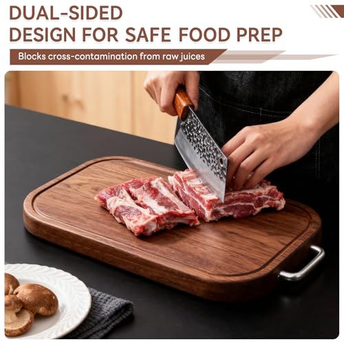 Wood Cutting Board for Kitchen, 14.5"×9.5"×1", Natural Ebony Wood | Double-Sided with Juice Groove, Non-Slip Feet, For Meat, Vegetables, Fruit, One-Piece Solid Construction