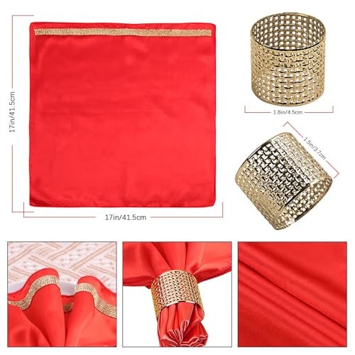 12 Pack Cloth Napkins and Gold Napkin Rings Set of 6, 17x17 Bling Trim Satin Cocktail Napkins Cloth Washable Personalized Dinner Napkins for Wedding Party Holiday Decorative | 17x17 Inch Personalized Red Napkins Set, Washable Fancy Dinner & Cocktail Napki