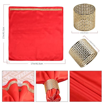 12 Pack Cloth Napkins and Gold Napkin Rings Set of 6, 17x17 Bling Trim Satin Cocktail Napkins Cloth Washable Personalized Dinner Napkins for Wedding Party Holiday Decorative | 17x17 Inch Personalized Red Napkins Set, Washable Fancy Dinner & Cocktail Napki