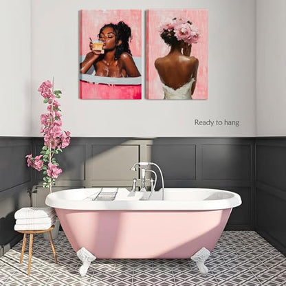 Framed modern abstract African American women's wall Art (Set 2), canvas high-definition printing, Bohemian black girl bathtub coffee fashion with pink flower on her head Black woman picture, living room, bedroom, bathroom, office decoration, 12x16 inches