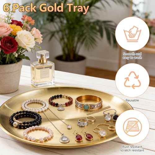 6 Pcs 12 Inch Round Gold Tray - Large Gold Tray Decorative Serving Bar Dish Key Bowl Mirror Dresser Vanity Tray for Jewelry Makeup Organizer, Bathroom, Candle, Perfume, Countertop