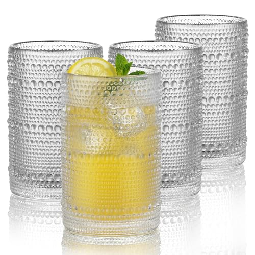Joeyan Hobnail Drinking Glasses Set of 4, 15oz Vintage Highball Glasses, Clear Embossed Water Glass Cup, Dishwasher Safe Kitchen Glassware for Cocktail, Iced Coffee, Beer, Tea, Wine, Whiskey, Juice - color: Clear