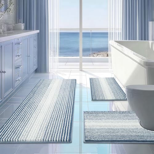 Bathroom Rugs Sets 3 Piece, Toilet Rugs U-Shaped Contour Bath Mat Set, Long Striped Absorbent Non Slip Chenille Shower Mat, Fog Blue - color: Fog Blue, size: 20"x47"+16"x24"+ U Shape 20"x24"