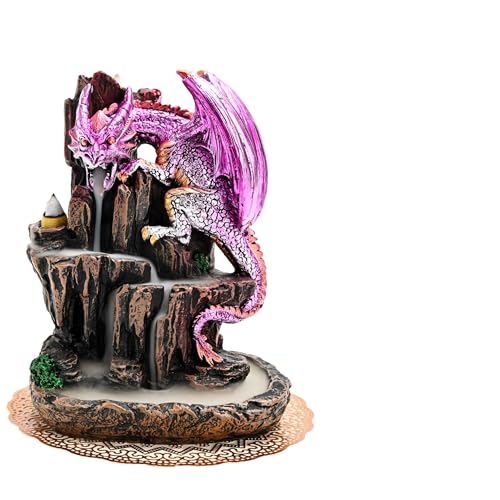 Dragon Backflow 2 Sided Mountain Waterfall Incense Burner,Fountain Smoke Incense Holder with Backflow Incense Cones, Tweezers, Mat，Resin Aromatherapy Meditationvaiuk (Purple) - color: Purple