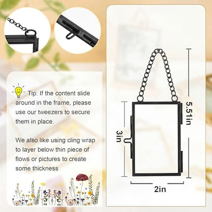 4 Pcs Pressed Flower Frame with Tweezers, Wall Hanging Tabletop Display Double Glass Frames with Metal Chain for Pressed Dried Flowers Plants, Horizontal and Vertical Picture Frame, Black, FRAMES ONLY - color: Balck-4