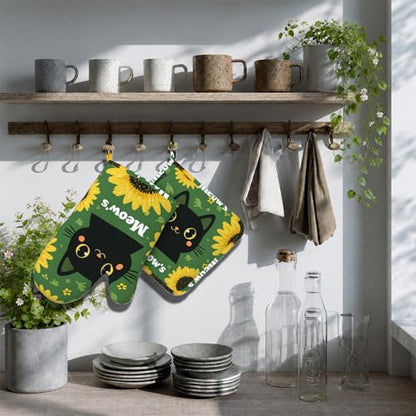 Black Cat Oven Mitts and Pot Holders Sets Cartoon Sunflower Silicone Heat Resistant Kitchen Oven Gloves Pot Holder for Cooking Baking Grilling BBQ - color: Black Cat