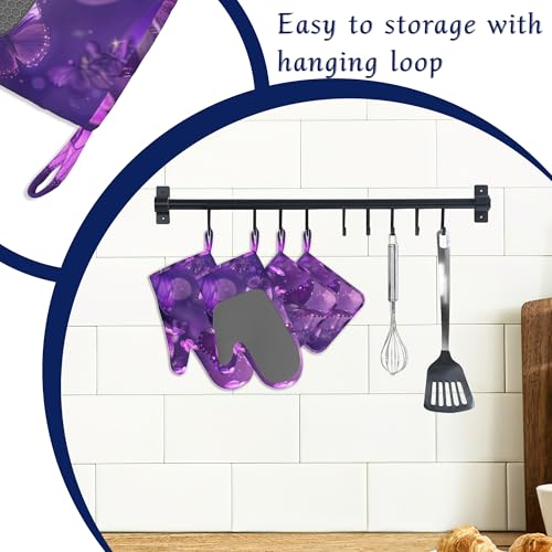 Purple Butterfly Oven Mitts and Pot Holders Sparkling Abstract Silicone Kitchen Accessories Set of 4 Heat Resistant Non-Slip Long Gloves Potholder for Chef Cooking Baking Gifts Women Men - color: Purple Butterfly,sparkling Abstract