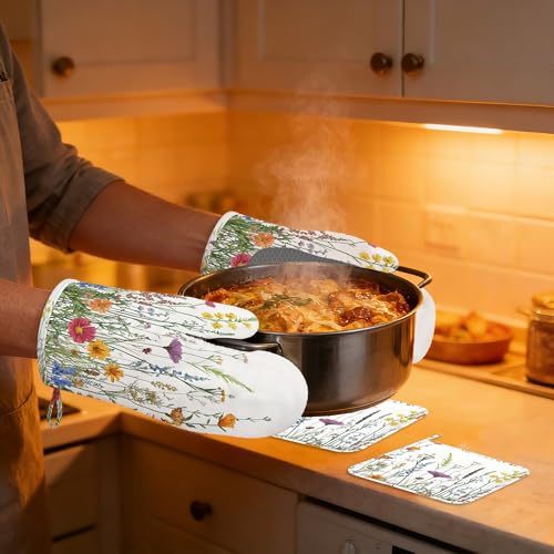 Spring Flowers Pot Holders and Oven Mitts,Rustic Wildflower Oven Mitts Heat Resistant Cotton Lining Anti-Slip Silicone Kitchen Mitts Set Hot Pads for Microwaves Cooking Baking Grilling - color: Spring Flowers