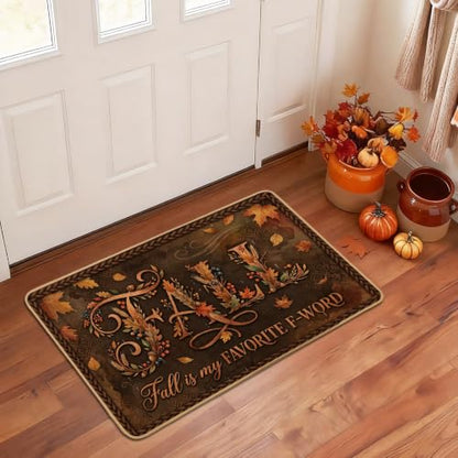 Leaves Welcome Door Mat, Seasonal Rustic Pumpkins Text Fall Brown Washable Low Profile Decorative Doormat for House Office Outside Inside Entrance Decor 29x17 Inch