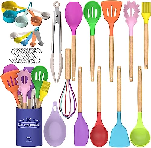 Umite Chef Kitchen Cooking Utensils Set, 33 pcs Non-stick Silicone Cooking Kitchen Utensils Spatula Set with Holder, Wooden Handle Silicone Kitchen Gadgets Utensil Set (Colorful) - color: Colorful