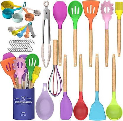 Umite Chef Kitchen Cooking Utensils Set, 33 pcs Non-stick Silicone Cooking Kitchen Utensils Spatula Set with Holder, Wooden Handle Silicone Kitchen Gadgets Utensil Set (Colorful) - color: Colorful