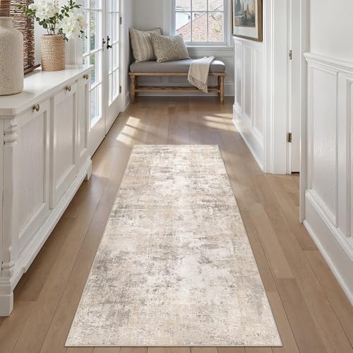 2x6 Beige Grey Abstract Runner Rug | Washable, Non Slip, Soft Low Pile, Modern Neutral, for Hallway Kitchen Laundry Bathroom Bedroom Home Decor - color: Beige/Grey, size: 2' x 6' (Runner)
