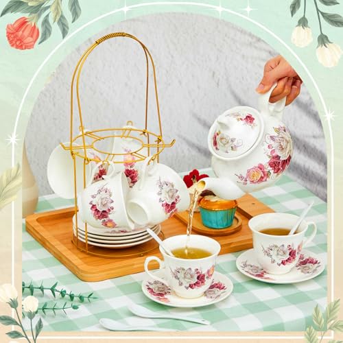 Zhehao 20 Pcs Porcelain Tea Set with Metal Holder and Spoon Adult Ceramic Tea Set European Flower Painting Teapot Cup Saucer Spoon for Women Mom Gift, Large Version (Grace Style) - color: Grace Style