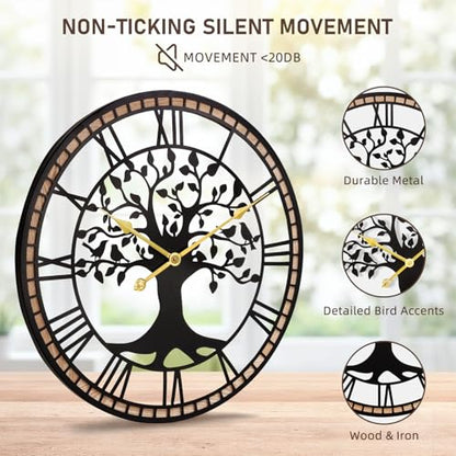 14" Farmhouse Bird Branch Wall Clock with Metal Tree Design | Bird branch accent with quiet movement, hardware included, 1 AA battery not included; approx. 2 lb for compact wall spaces - color: Roma, size: 14'' x 14''