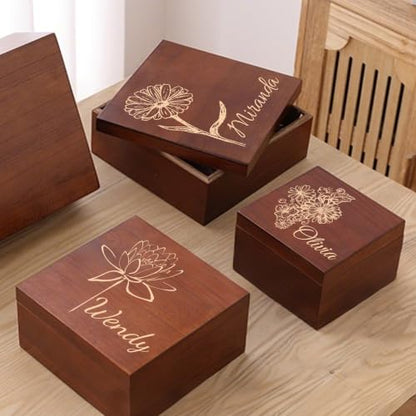 Personalized Wooden Memory Keepsake Box Custom with Birth Flower & Message | Jewelry, Photos & Memento Storage Chest, Customize Floral Design Wood Gift Box for Women, Mom & Girls, for Birthday Christmas - size: 7.7"L x 7.7"W x 3.9"H, style: Birth Flower