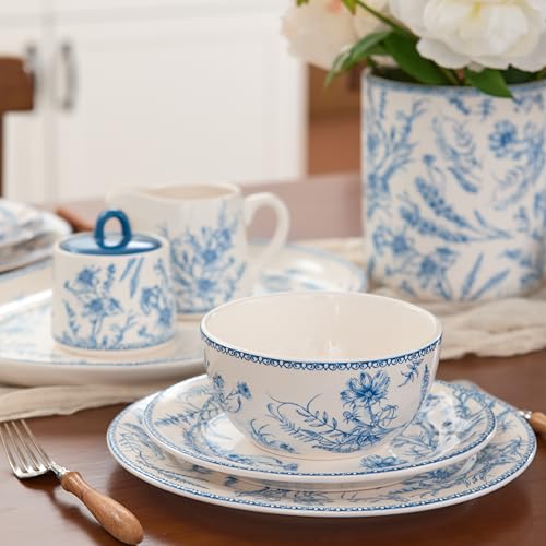 Bico Blue Garden Toile De Jouy Salad Plates Set of 4, 8.75 Inch Ceramic Dessert Plates for Salad, Appetizer, Side Dishes, Microwave and Dishwasher Safe, Gift for Housewarming and Thanksgiving - color: Blue Garden Toile De Jouy