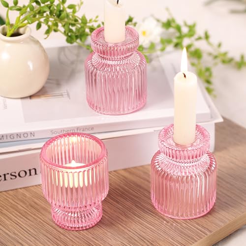 6 Pcs Pink Candlestick Holders - Glass Taper Candle Holders Tealight Votive Candle Holders for Table Centerpieces, Wedding, Dinner Party, Home, Gifts - color: Pink, size: 6Pcs