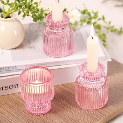 6 Pcs Pink Candlestick Holders - Glass Taper Candle Holders Tealight Votive Candle Holders for Table Centerpieces, Wedding, Dinner Party, Home, Gifts - color: Pink, size: 6Pcs