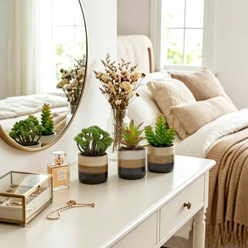 Small Artificial Plants in Pots, Set of 3 Faux Succulents | Mini potted greenery in glossy ceramic pots. Lifelike, maintenance-free shelf, desk & living room decor accessories