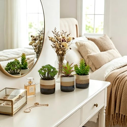 Small Artificial Plants in Pots, Set of 3 Faux Succulents | Mini potted greenery in glossy ceramic pots. Lifelike, maintenance-free shelf, desk & living room decor accessories