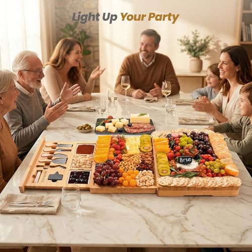 Extra Large Bamboo Charcuterie Board, 3-Layer Pull-Out Cheese Trays | 33.7"x15.7" 3-Layer Pull-Out Cheese Board with Slate Plate, Knife Set, Bowls, Ideal for Home Parties and Housewarming Gifts - color: Natural Bamboo