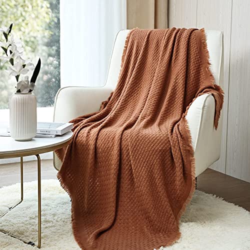 CREVENT Farmhouse Rust Knit Throw Blanket for Couch Sofa Chair Bed Home Decoration, Soft Warm Cozy Light Weight for Spring Summer Fall (50''X60'' Caramel/Rust) - color: Caramel Waffle