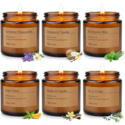 6-Pack Scented Candles for Home, 3.5 Oz Soy Wax Aromatherapy Candle Gift Set, Lavender Chamomile, Eucalyptus Mint & Vanilla, Birthday Gifts for Women, Thank You Graduation Gifts - color: Smoke&Vanilla/Fir&Cedar/Eucalyptus/Lavender Chamomile/California Sag