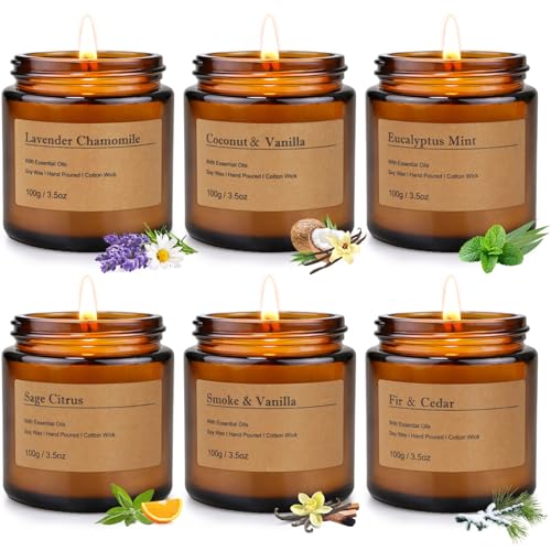 6-Pack Scented Candles for Home, 3.5 Oz Soy Wax Aromatherapy Candle Gift Set, Lavender Chamomile, Eucalyptus Mint & Vanilla, Birthday Gifts for Women, Thank You Graduation Gifts - color: Smoke&Vanilla/Fir&Cedar/Eucalyptus/Lavender Chamomile/California Sag